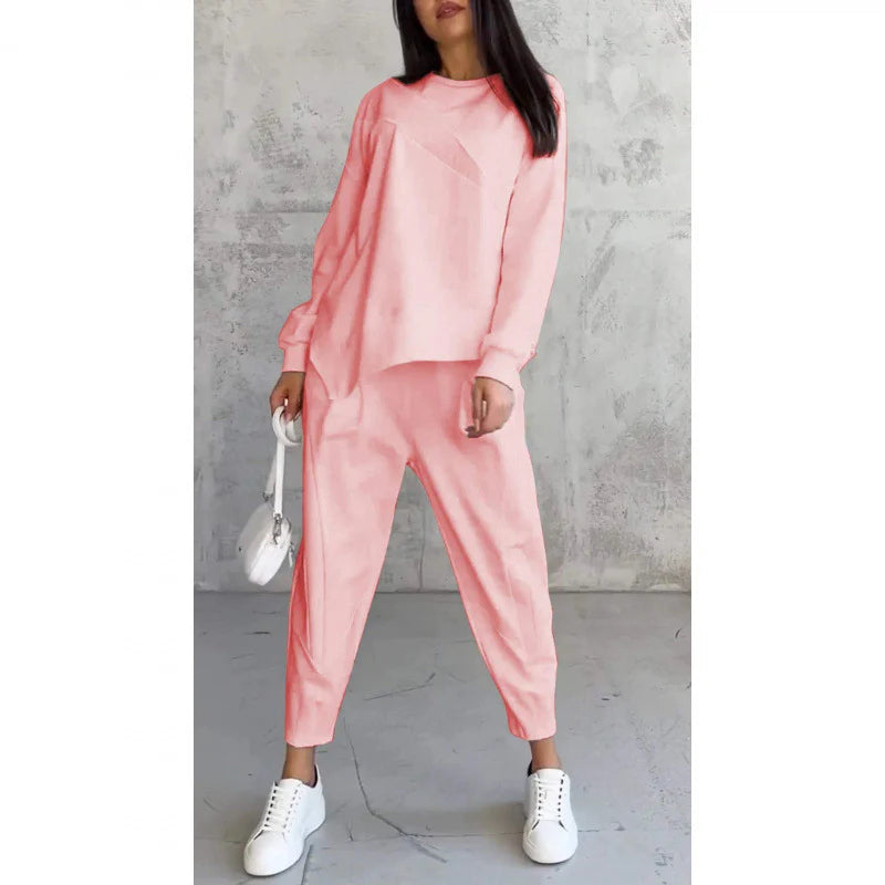 💗 Women’s Long Sleeve Sweatshirt with Asymmetrical Hem & Trouser Set