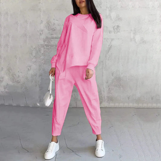 💗 Women’s Long Sleeve Sweatshirt with Asymmetrical Hem & Trouser Set